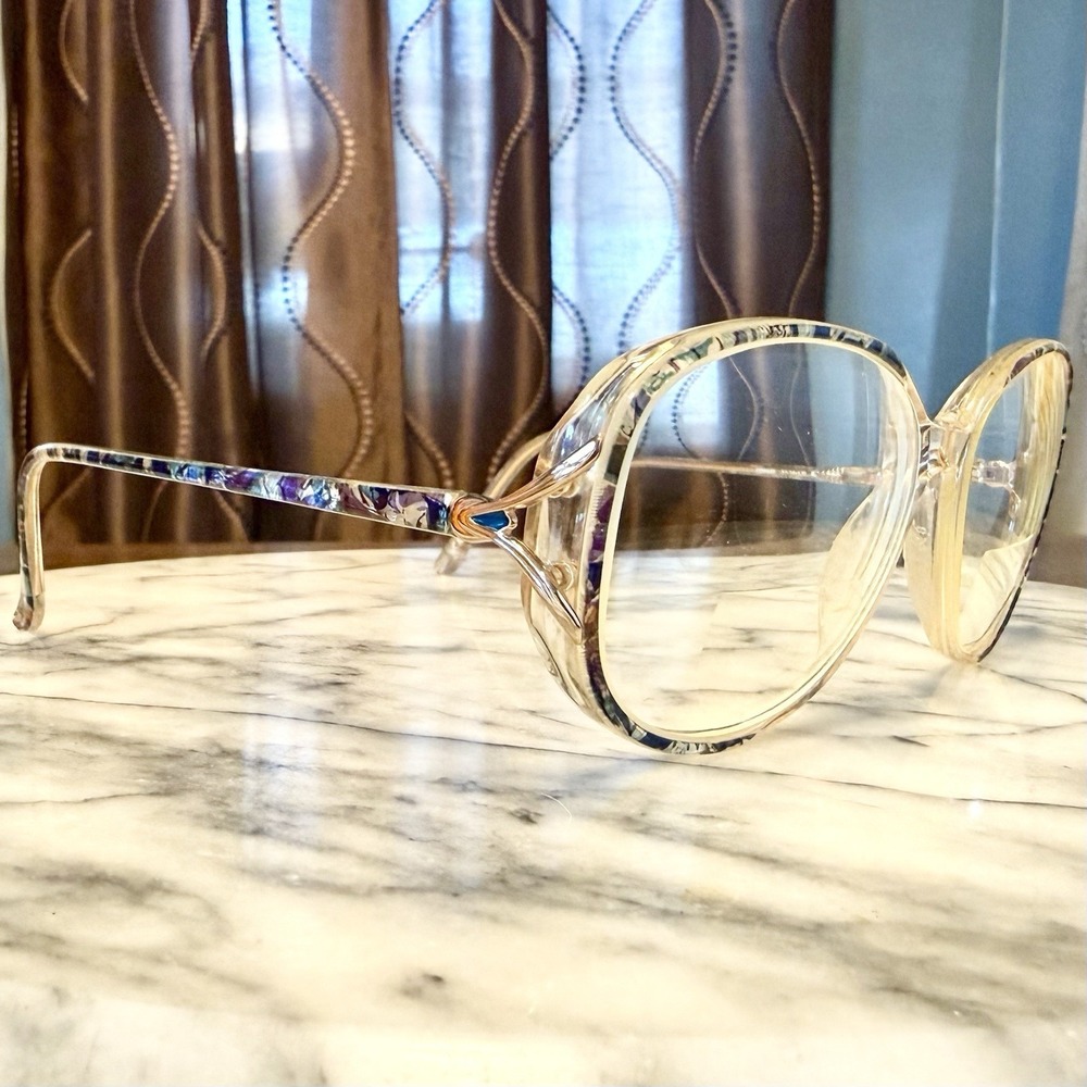 VTG 80s Granny Purple Teal Mosaic Acetate Gold Rims Oversized Rx Eyeglass Frames